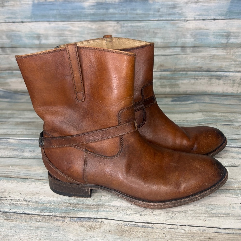 Frye Lindsay Plate Short Leather Boots Womens 6 Cognac‎ Stone Wash